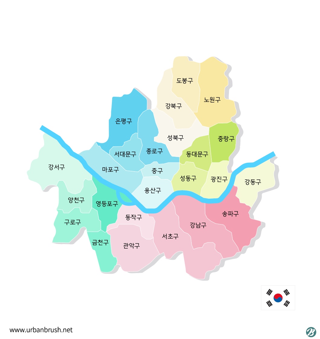 서울지도 컬러 일러스트 Ai 다운로드 Download Seoul Color Map Vector - Urbanbrush