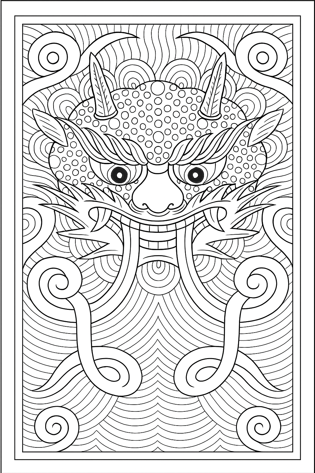 Download the line drawing illustration png of a mask design coloring book.
