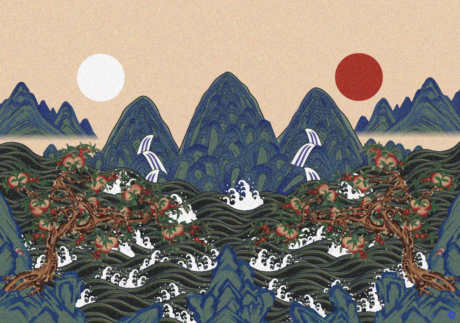 Sun, Moon, Five Peaks, and Heavenly Peach Minhwa Illustration Vector Download