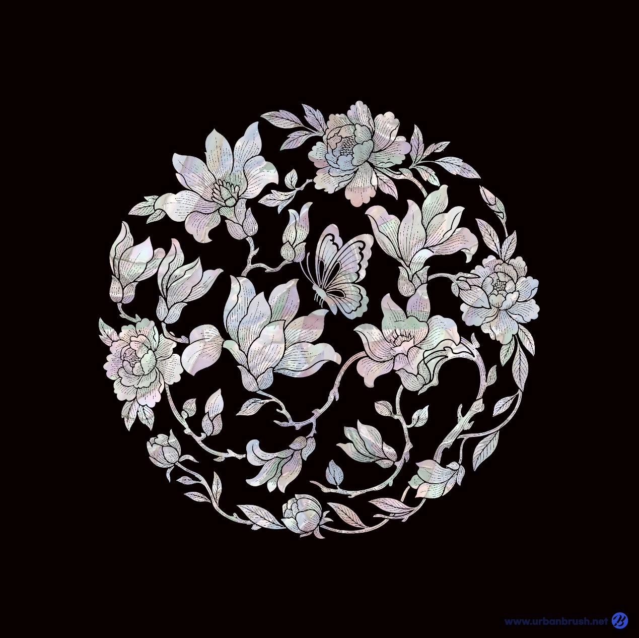 Flower and Butterfly Najeonchilgi Mother of Pearl Illustration Vector Download